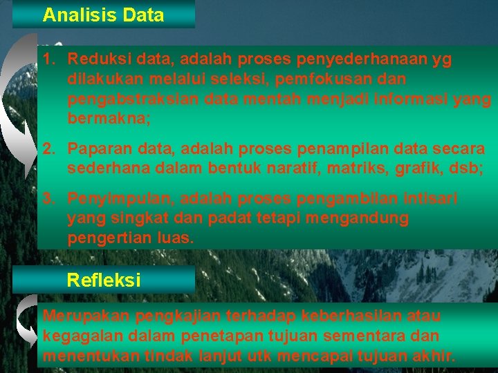 Analisis Data 1. Reduksi data, adalah proses penyederhanaan yg dilakukan melalui seleksi, pemfokusan dan