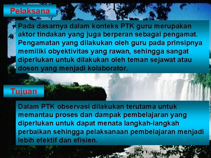 Pelaksana Pada dasarnya dalam konteks PTK guru merupakan aktor tindakan yang juga berperan sebagai