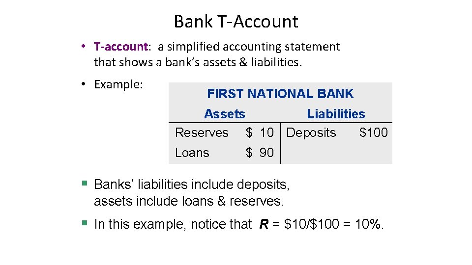 Bank T-Account • T-account: a simplified accounting statement that shows a bank’s assets &