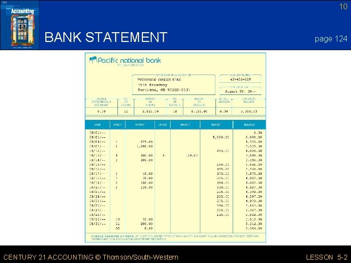 10 BANK STATEMENT CENTURY 21 ACCOUNTING © Thomson/South-Western page 124 LESSON 5 -2 