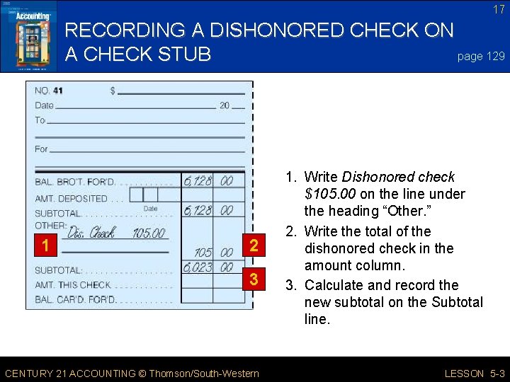 17 RECORDING A DISHONORED CHECK ON page 129 A CHECK STUB 1 2 3