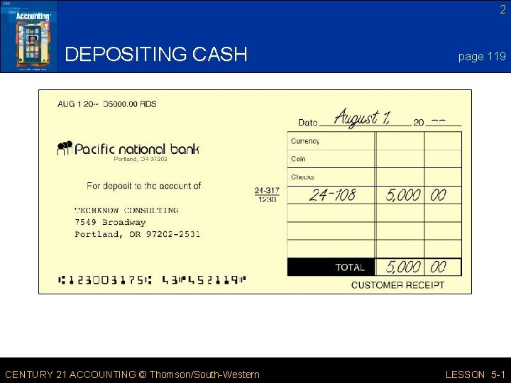 2 DEPOSITING CASH CENTURY 21 ACCOUNTING © Thomson/South-Western page 119 LESSON 5 -1 