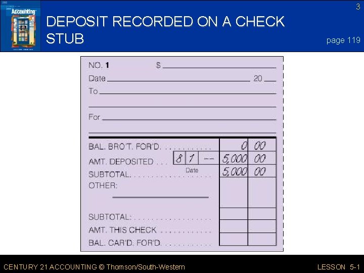3 DEPOSIT RECORDED ON A CHECK STUB CENTURY 21 ACCOUNTING © Thomson/South-Western page 119