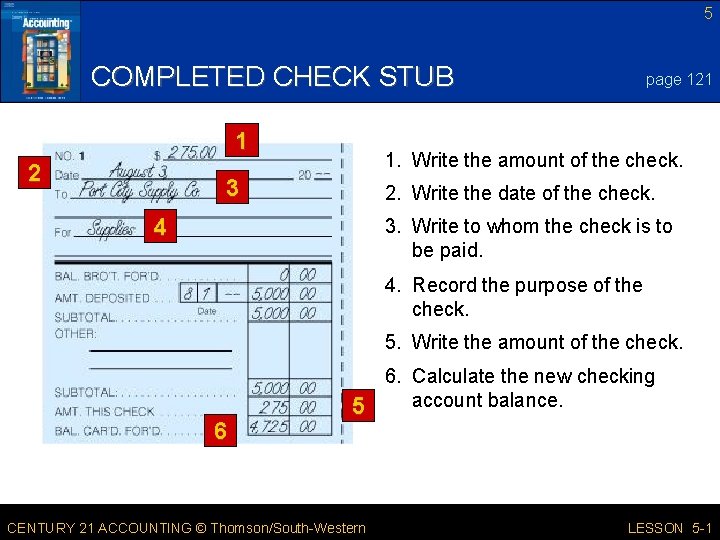 5 COMPLETED CHECK STUB 1 2 page 121 1. Write the amount of the