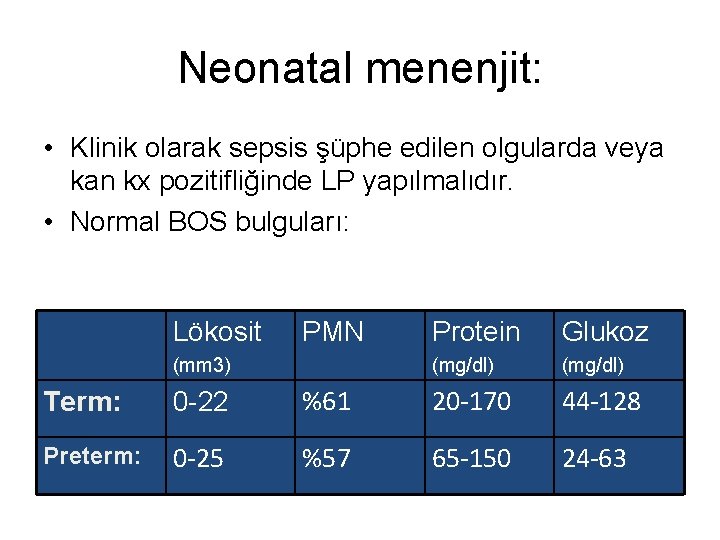 Neonatal menenjit: • Klinik olarak sepsis şüphe edilen olgularda veya kan kx pozitifliğinde LP