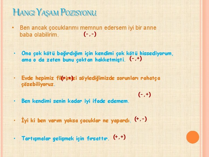 HANGI YAŞAM POZISYONU • Ben ancak çocuklarımı memnun edersem iyi bir anne (-, -)