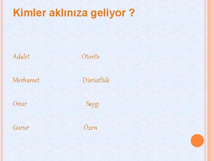 Kimler aklınıza geliyor ? Adalet Otorite Merhamet Dürüstlük Onur Saygı Gurur Özen 