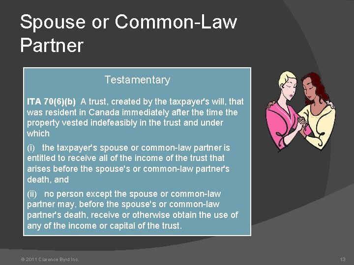 Spouse or Common-Law Partner Testamentary ITA 70(6)(b) A trust, created by the taxpayer's will,