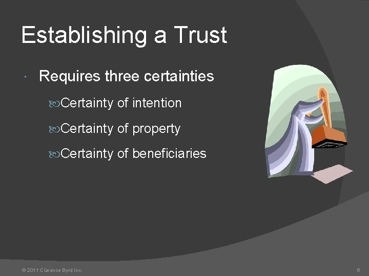 Establishing a Trust Requires three certainties Certainty of intention Certainty of property Certainty of