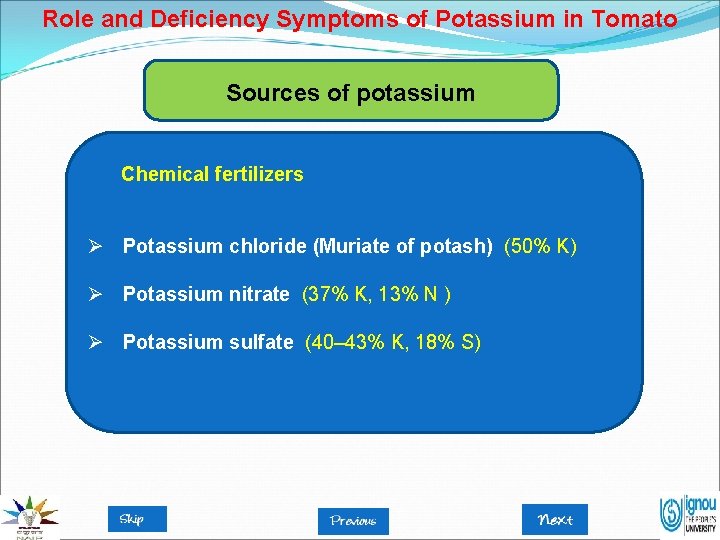 Role and Deficiency Symptoms of Potassium in Tomato Sources of potassium Chemical fertilizers Ø