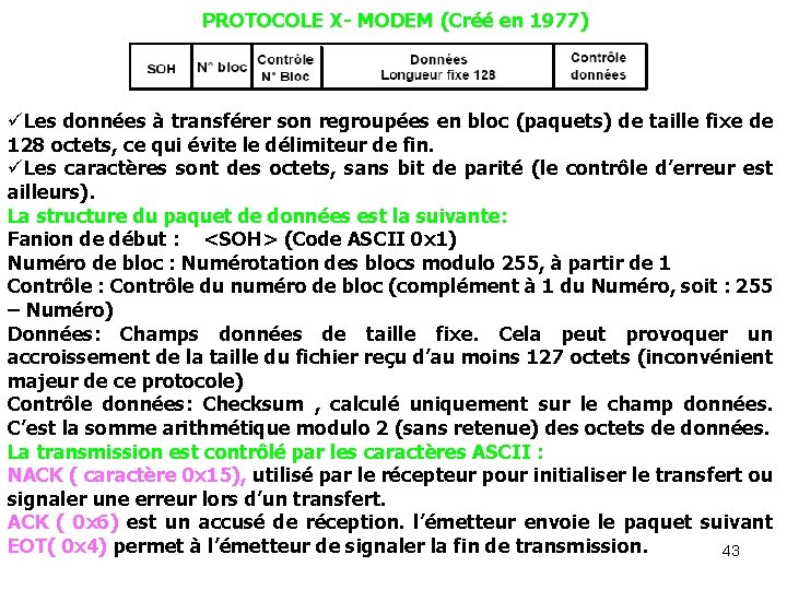 PROTOCOLE X- MODEM (Créé en 1977) üLes données à transférer son regroupées en bloc