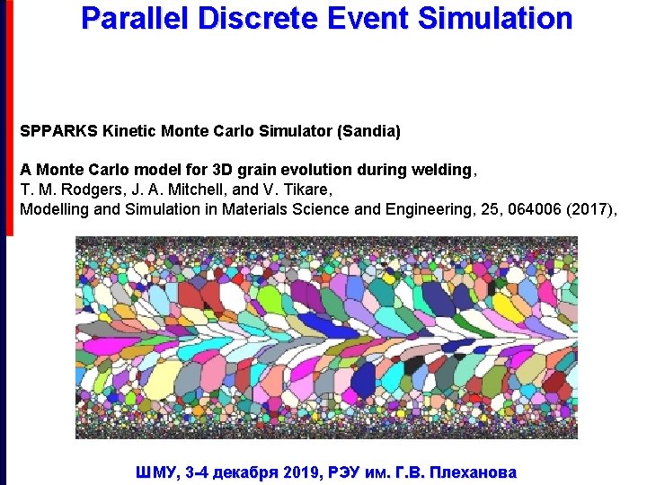 Parallel Discrete Event Simulation SPPARKS Kinetic Monte Carlo Simulator (Sandia) A Monte Carlo model