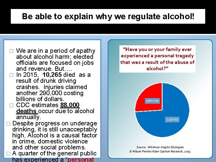 Be able to explain why we regulate alcohol!. We are in a period of