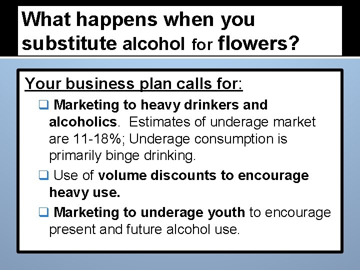 What happens when you substitute alcohol for flowers? Your business plan calls for: q