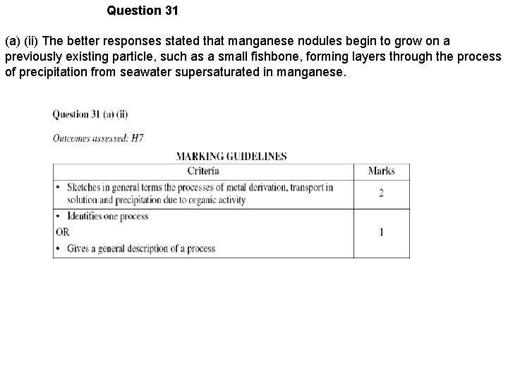 Question 31 (a) (ii) The better responses stated that manganese nodules begin to grow