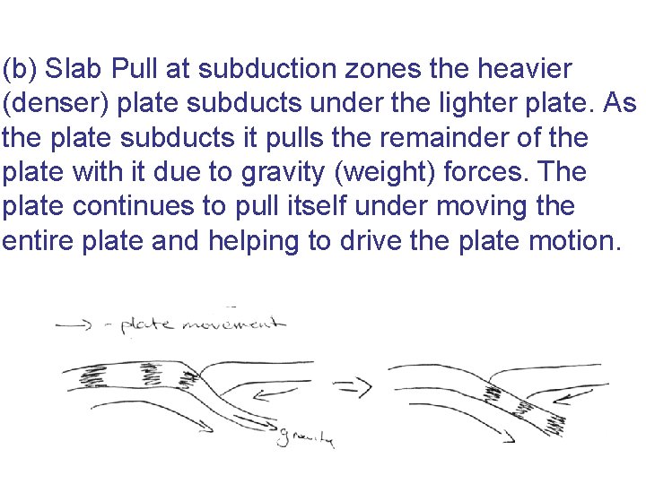 (b) Slab Pull at subduction zones the heavier (denser) plate subducts under the lighter