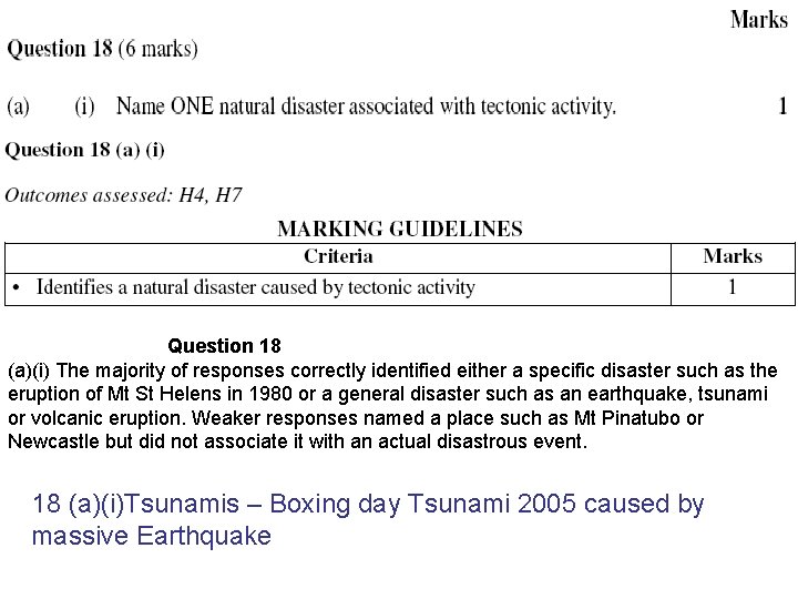 Question 18 (a)(i) The majority of responses correctly identified either a specific disaster such