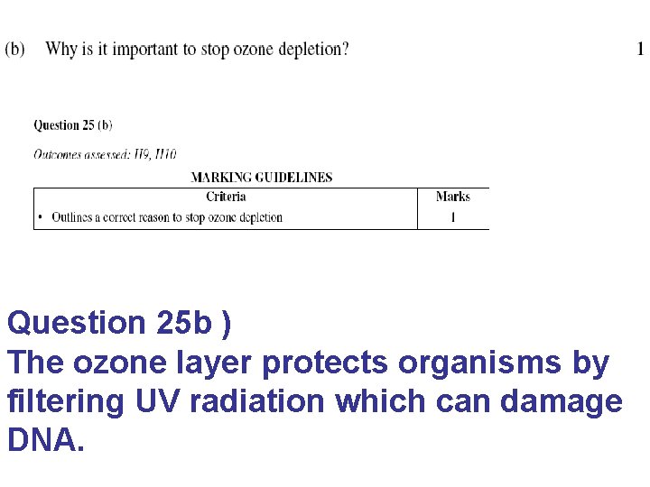 Question 25 b ) The ozone layer protects organisms by filtering UV radiation which