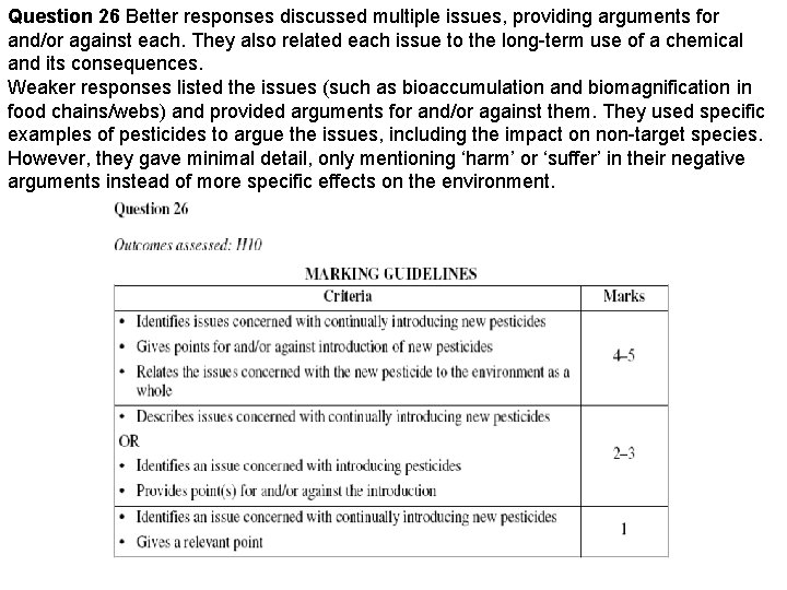 Question 26 Better responses discussed multiple issues, providing arguments for and/or against each. They