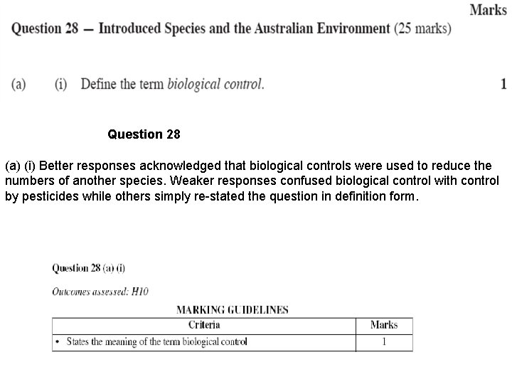 Question 28 (a) (i) Better responses acknowledged that biological controls were used to reduce