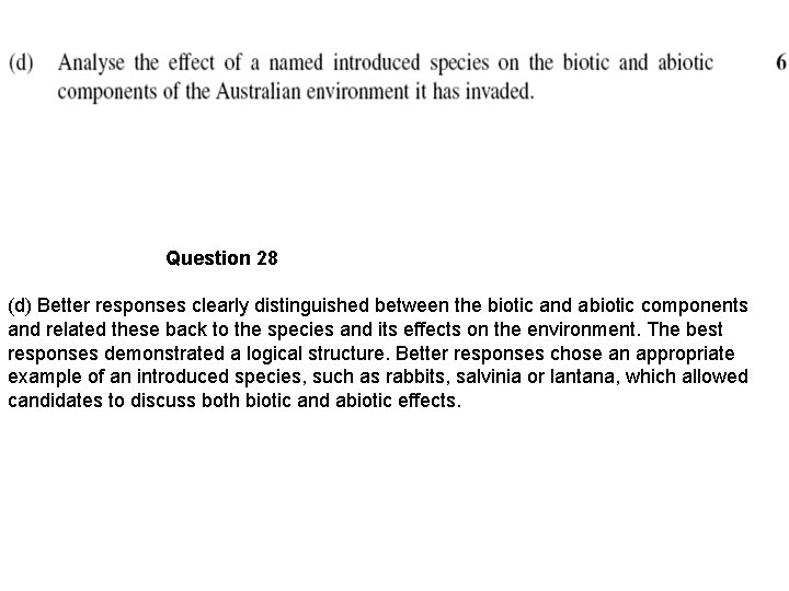 Question 28 (d) Better responses clearly distinguished between the biotic and abiotic components and