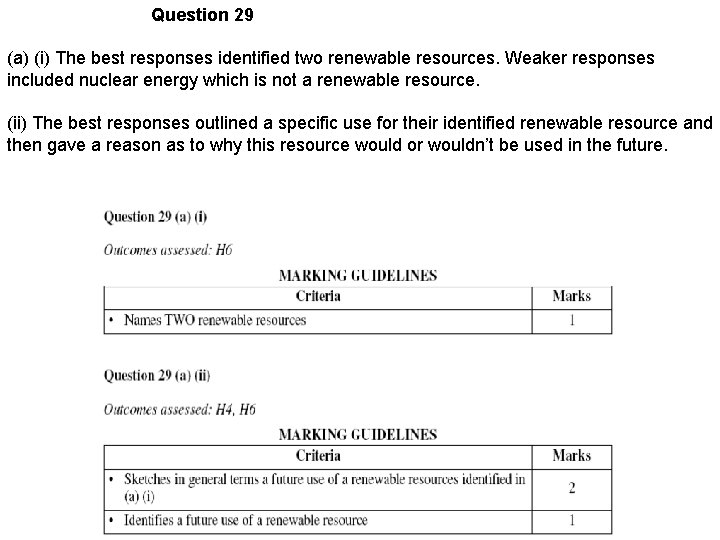 Question 29 (a) (i) The best responses identified two renewable resources. Weaker responses included