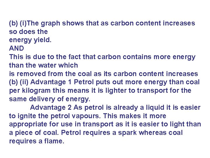 (b) (i)The graph shows that as carbon content increases so does the energy yield.