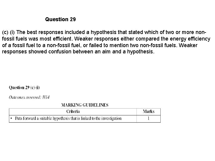 Question 29 (c) (i) The best responses included a hypothesis that stated which of