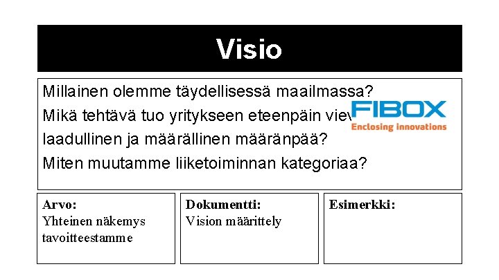 Visio Millainen olemme täydellisessä maailmassa? Mikä tehtävä tuo yritykseen eteenpäin vievää laadullinen ja määrällinen