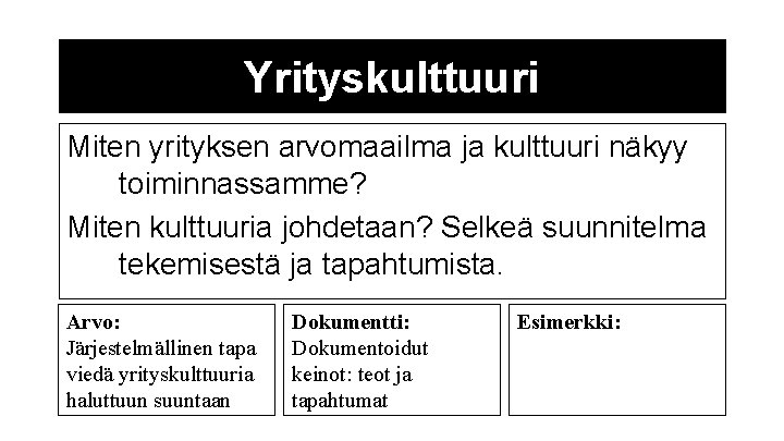 Yrityskulttuuri Miten yrityksen arvomaailma ja kulttuuri näkyy toiminnassamme? Miten kulttuuria johdetaan? Selkeä suunnitelma tekemisestä