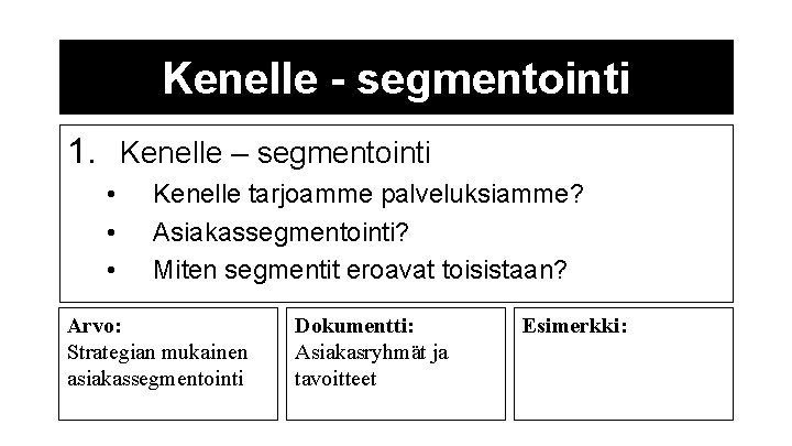 Kenelle - segmentointi 1. Kenelle – segmentointi • • • Kenelle tarjoamme palveluksiamme? Asiakassegmentointi?