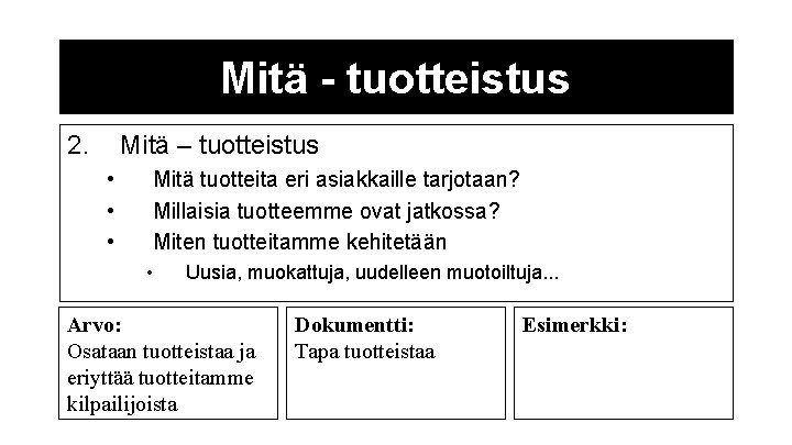 Mitä - tuotteistus 2. Mitä – tuotteistus • • • Mitä tuotteita eri asiakkaille