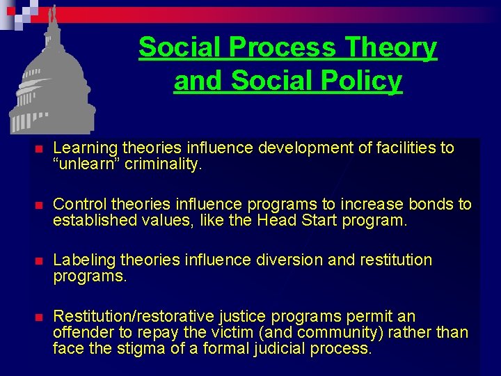 Social Process Theory and Social Policy n Learning theories influence development of facilities to