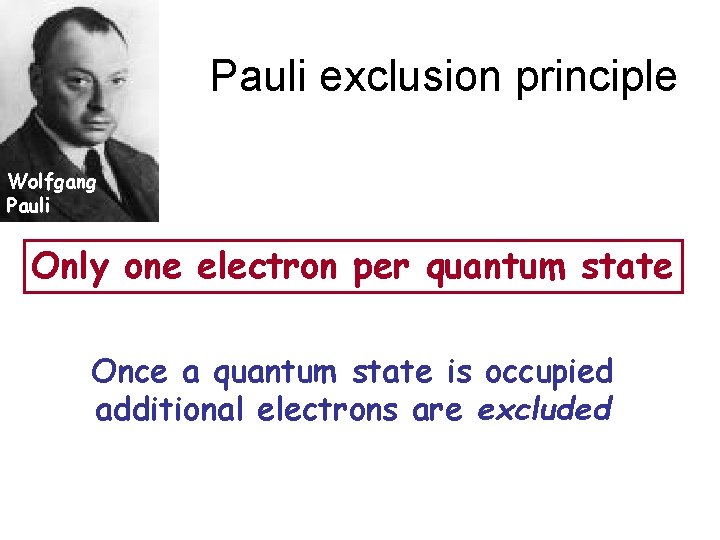 Pauli exclusion principle Wolfgang Pauli Only one electron per quantum state Once a quantum