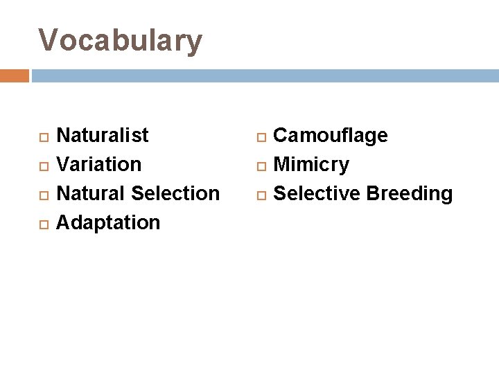 Vocabulary Naturalist Variation Natural Selection Adaptation Camouflage Mimicry Selective Breeding 