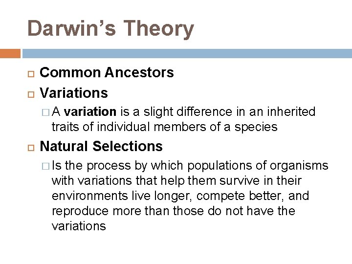 Darwin’s Theory Common Ancestors Variations �A variation is a slight difference in an inherited