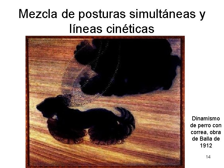 Mezcla de posturas simultáneas y líneas cinéticas Dinamismo de perro con correa, obra de