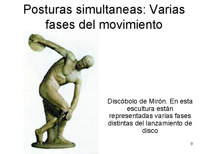 Posturas simultaneas: Varias fases del movimiento Discóbolo de Mirón. En esta escultura están representadas