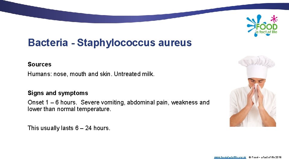 Bacteria - Staphylococcus aureus Sources Humans: nose, mouth and skin. Untreated milk. Signs and