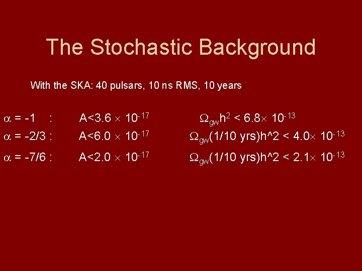 The Stochastic Background With the SKA: 40 pulsars, 10 ns RMS, 10 years =