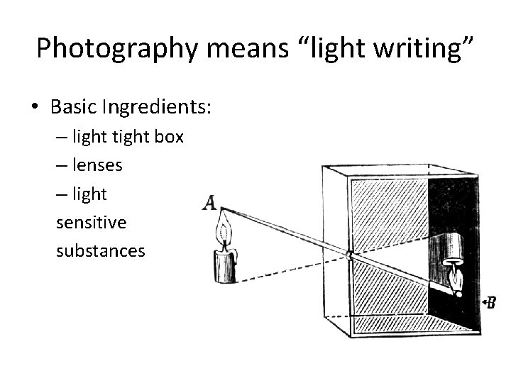 HISTORY OF PHOTOGRAPHY Photography means light writing Basic