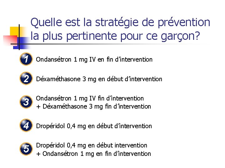 Quelle est la stratégie de prévention la plus pertinente pour ce garçon? 1 Ondansétron