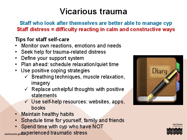 Vicarious trauma Staff who look after themselves are better able to manage cyp Staff