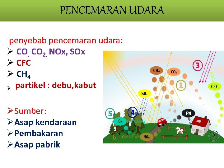 PENCEMARAN UDARA penyebab pencemaran udara: Ø CO, CO 2, NOx, SOx Ø CFC Ø