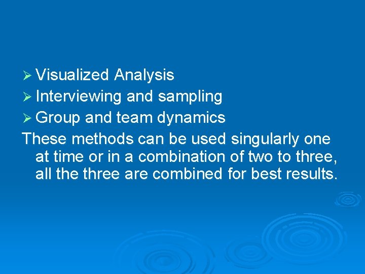  Visualized Analysis Interviewing and sampling Group and team dynamics These methods can be