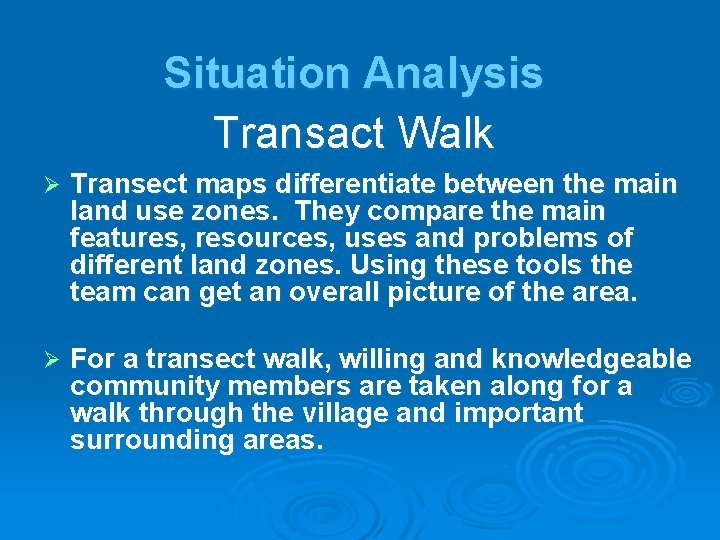 Situation Analysis Transact Walk Transect maps differentiate between the main land use zones. They