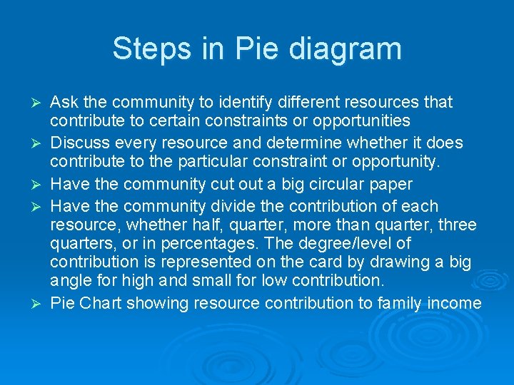 Steps in Pie diagram Ask the community to identify different resources that contribute to
