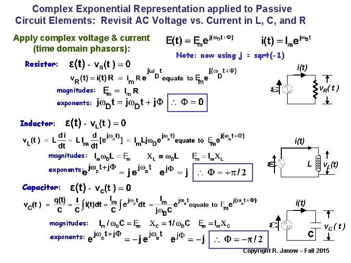 Complex Exponential Representation applied to Passive Circuit Elements: Revisit AC Voltage vs. Current in