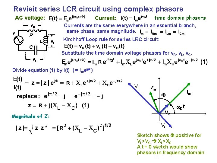 Revisit series LCR circuit using complex phasors AC voltage: Currents are the same everywhere
