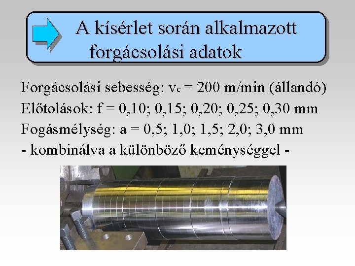 A kísérlet során alkalmazott forgácsolási adatok Forgácsolási sebesség: vc = 200 m/min (állandó) Előtolások: